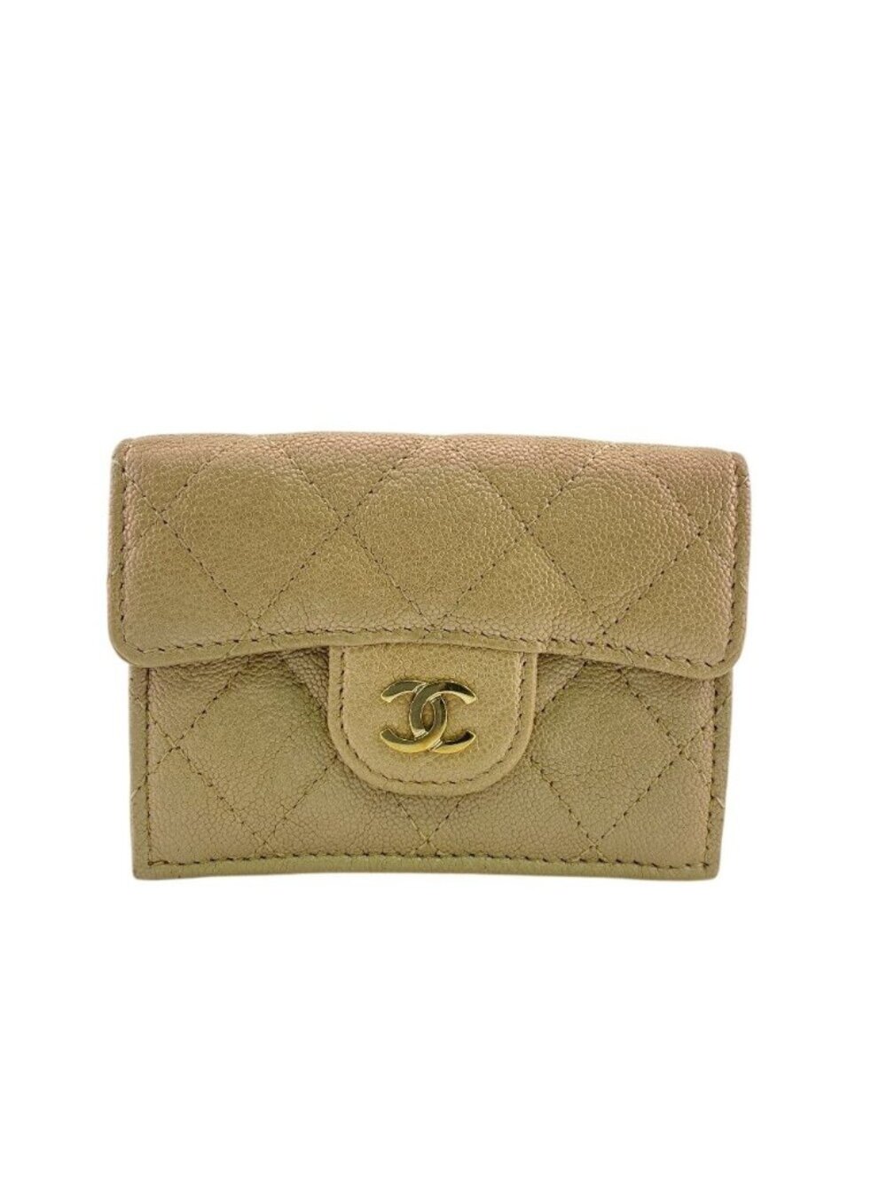 Chanel Compact Wallet Quilted Caviar Leather Trifold Beige